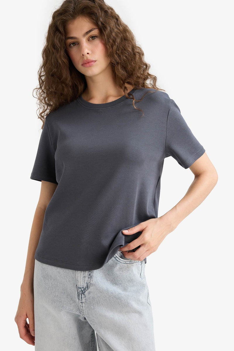 DeFacto Grey Woman Regular Fit Crew Neck Short Sleeve T-Shirt Casual - Image 3